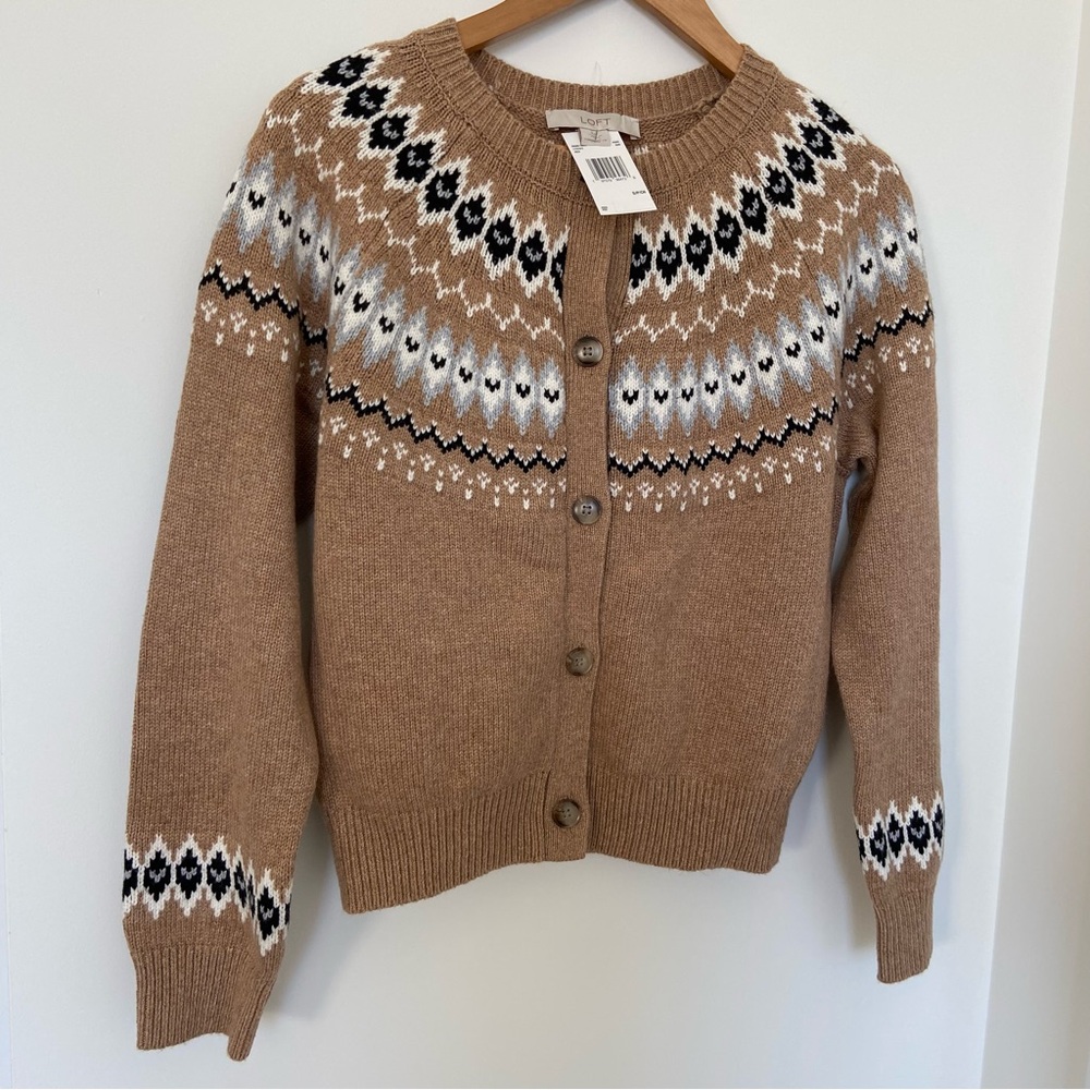 LOFT Camel Fair Isle Button Cardigan Sweater